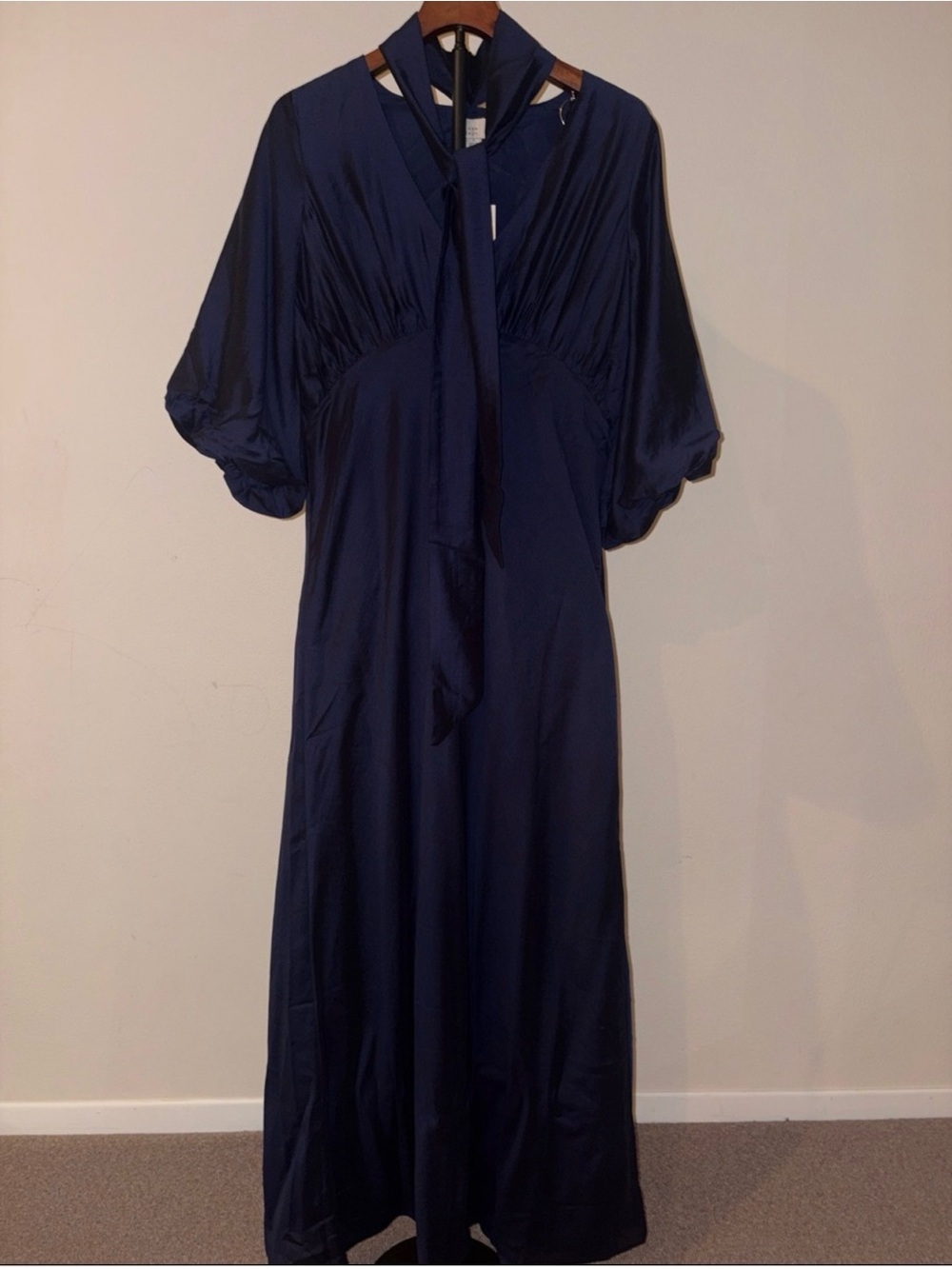 a new day women’s Navy Satin Maxi Robe with Tie Neck size L 50” long